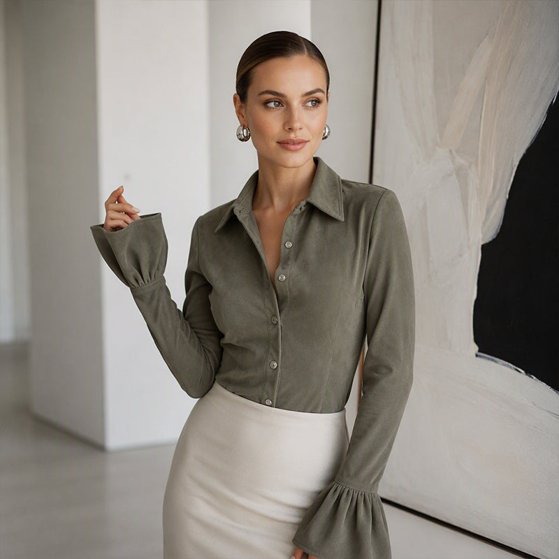 ☀️👚New Arrivals - Velvet Ruffle Cuff Top – Soft Drape &amp; Polished Button-Front for Work or Weekend