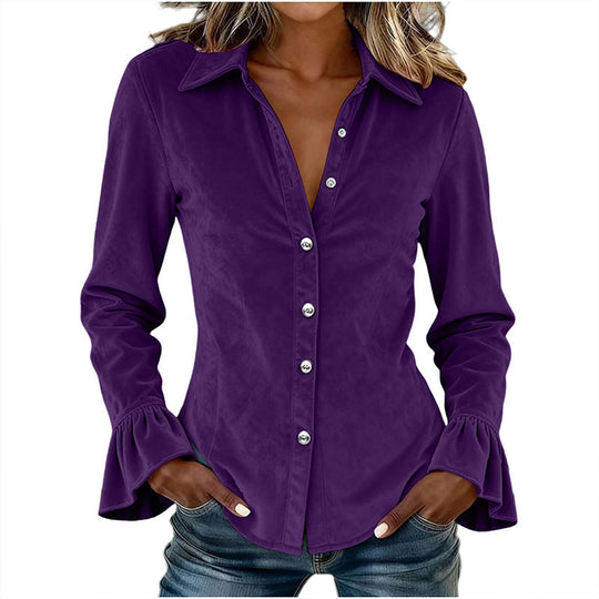 ☀️👚New Arrivals - Velvet Ruffle Cuff Top – Soft Drape &amp; Polished Button-Front for Work or Weekend