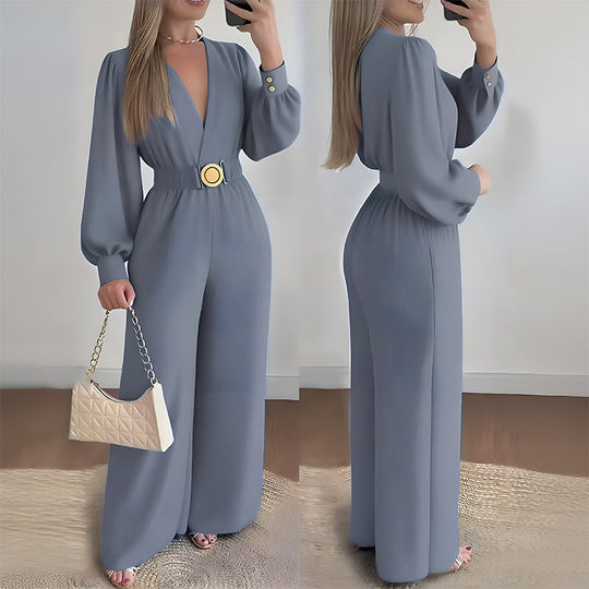 ⌛Limited-Time Discount-Elegant V-Neck Wide-Leg Jumpsuit with Belt