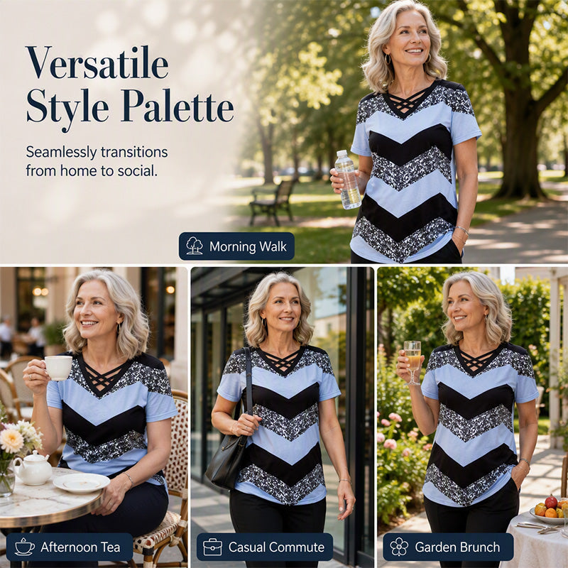 Women Criss Cross V Neck T Shirt Striped Casual Short Sleeve Tee
