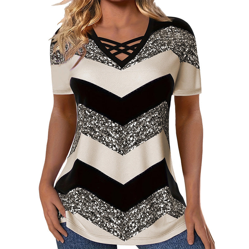 Women Criss Cross V Neck T Shirt Striped Casual Short Sleeve Tee