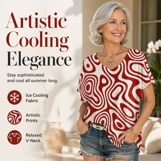 👚New Arrivals - Cooling Fabric V-Neck Top with Artistic Print – Wrinkle-Resistant &amp; Soft Touch for All-Day Wear