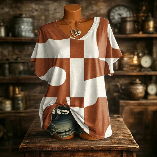👚New Arrivals - Cooling Fabric V-Neck Top with Artistic Print – Wrinkle-Resistant &amp; Soft Touch for All-Day Wear