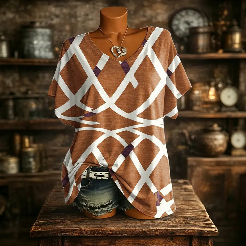 👚New Arrivals - Cooling Fabric V-Neck Top with Artistic Print – Wrinkle-Resistant &amp; Soft Touch for All-Day Wear