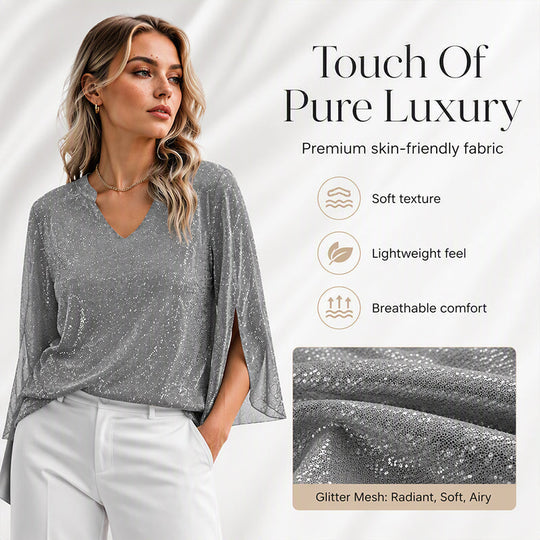 ✨👚New Arrivals - Sparkly Flare Sleeve Top – Shimmering Fabric &amp; Chic Split Cuff for Glamorous Vibes