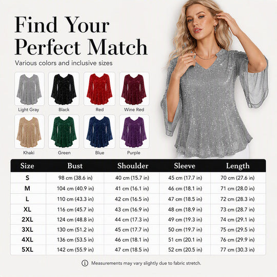 ✨👚New Arrivals - Sparkly Flare Sleeve Top – Shimmering Fabric &amp; Chic Split Cuff for Glamorous Vibes