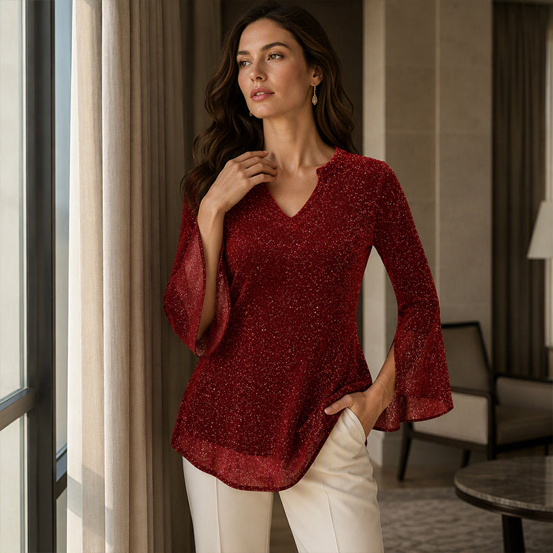 ✨👚New Arrivals - Sparkly Flare Sleeve Top – Shimmering Fabric &amp; Chic Split Cuff for Glamorous Vibes