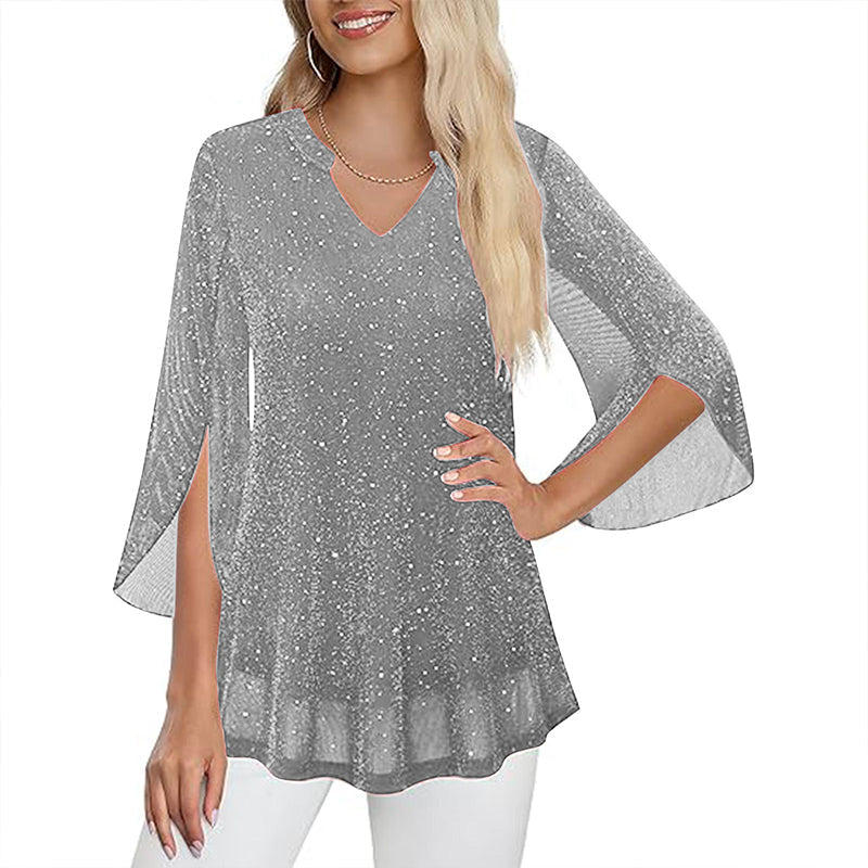 ✨👚New Arrivals - Sparkly Flare Sleeve Top – Shimmering Fabric &amp; Chic Split Cuff for Glamorous Vibes