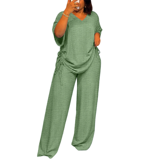 ✨🔥 Women’s Casual V-Neck Top &amp; Wide-Leg Pants Set
