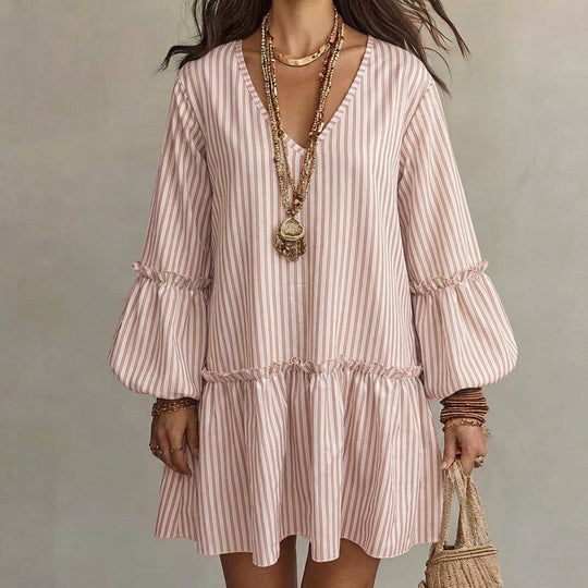🌸👗New Arrivals - Striped Lantern Sleeve Midi Dress – Flattering V-Neck &amp; Breezy Silhouette for Any Casual Day