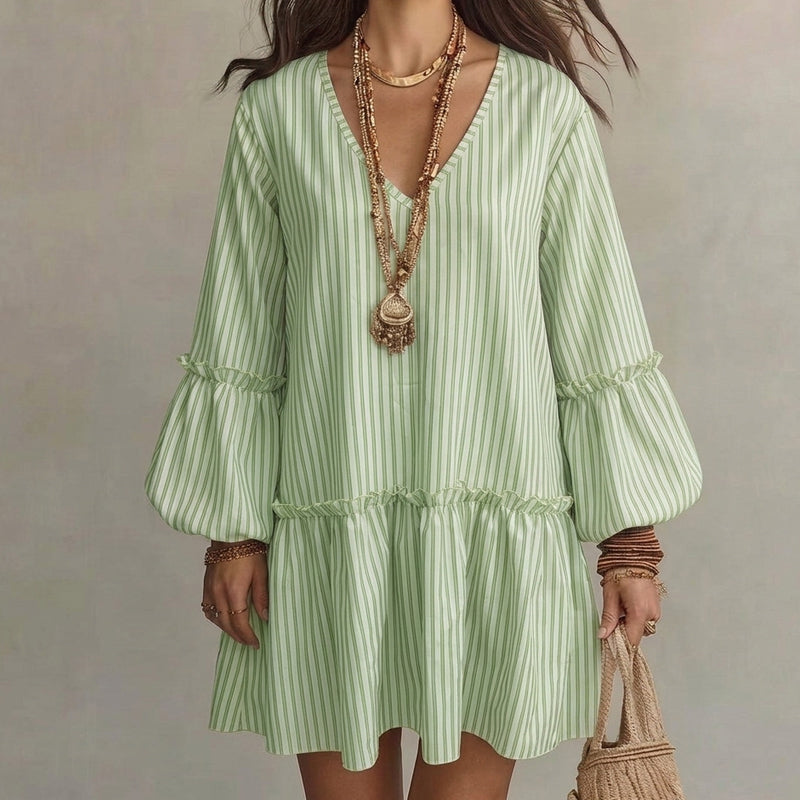 🌸👗New Arrivals - Striped Lantern Sleeve Midi Dress – Flattering V-Neck &amp; Breezy Silhouette for Any Casual Day