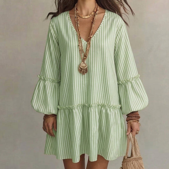 🌸👗New Arrivals - Striped Lantern Sleeve Midi Dress – Flattering V-Neck &amp; Breezy Silhouette for Any Casual Day