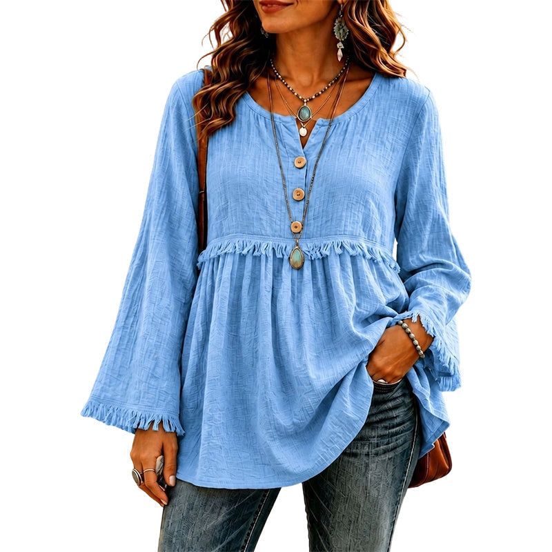 👚New Arrivals - Fringe Trim Casual Top – Soft Fabric &amp; Easy Pairing with Jeans or Skirts for Any Occasion