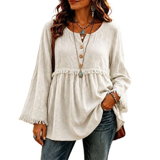 👚New Arrivals - Fringe Trim Casual Top – Soft Fabric &amp; Easy Pairing with Jeans or Skirts for Any Occasion