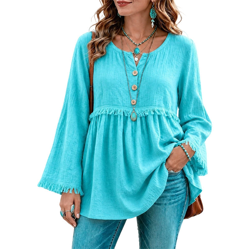 👚New Arrivals - Fringe Trim Casual Top – Soft Fabric &amp; Easy Pairing with Jeans or Skirts for Any Occasion