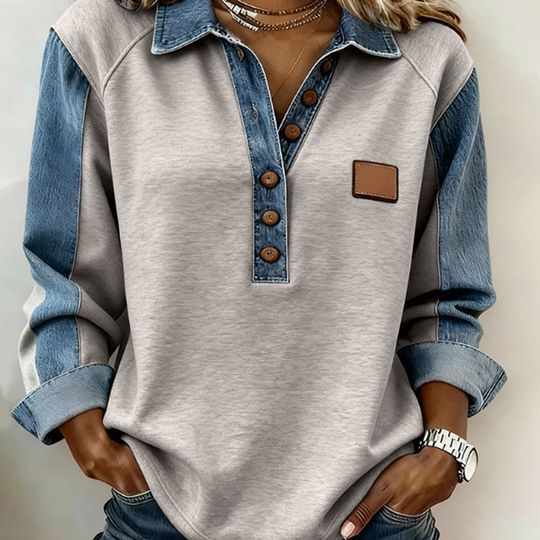 ⏰Last Day Sale 50% Off 💃 Women’s Denim Patchwork Lapel Long-Sleeve Shirt