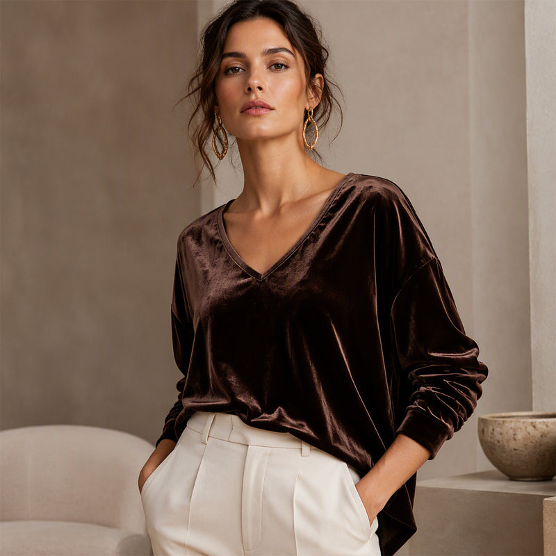 ☀️👚Seasonal Style - V-Neck Velvet Blouse with Long Sleeves – Cozy Warmth &amp; Sophisticated Shine for Cooler Days
