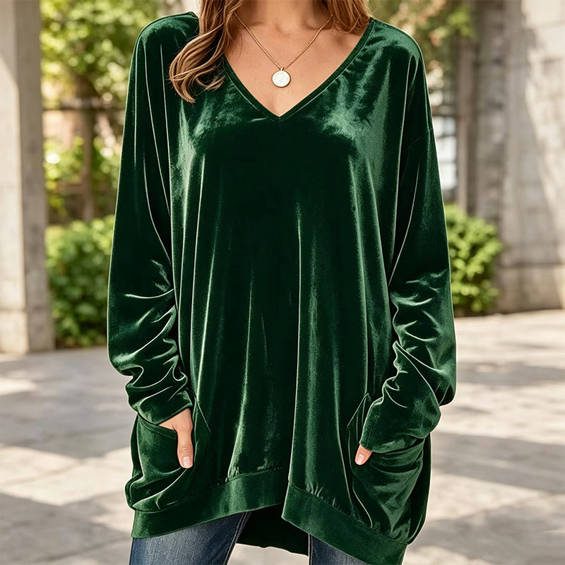 ☀️👚Seasonal Style - V-Neck Velvet Blouse with Long Sleeves – Cozy Warmth &amp; Sophisticated Shine for Cooler Days