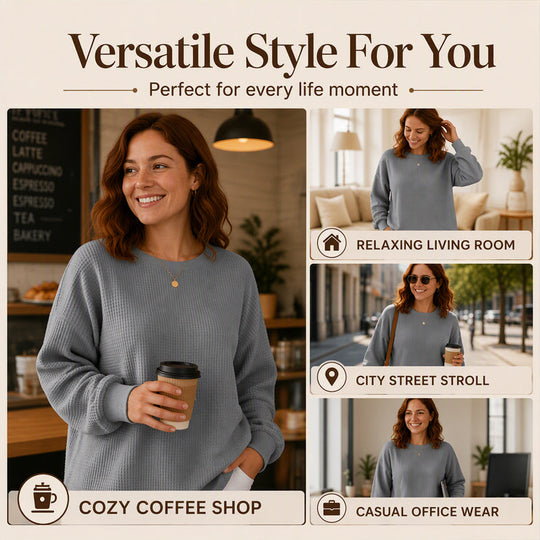 👚Seasonal Style - Waffle Texture Sweatshirt – Easy Breezy Fit &amp; Classic Style for Any Casual Look