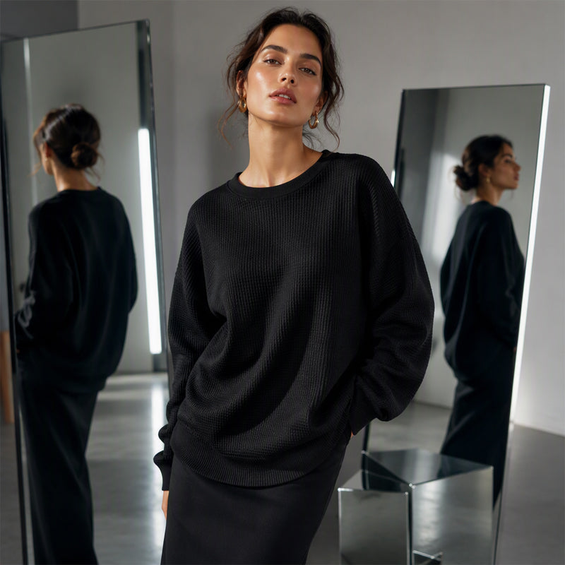 👚Seasonal Style - Waffle Texture Sweatshirt – Easy Breezy Fit &amp; Classic Style for Any Casual Look