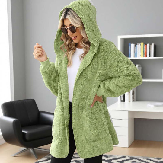 Hooded Fluffy Fleece Cardigan, Textured Check Pattern Open Front Coat with Pockets