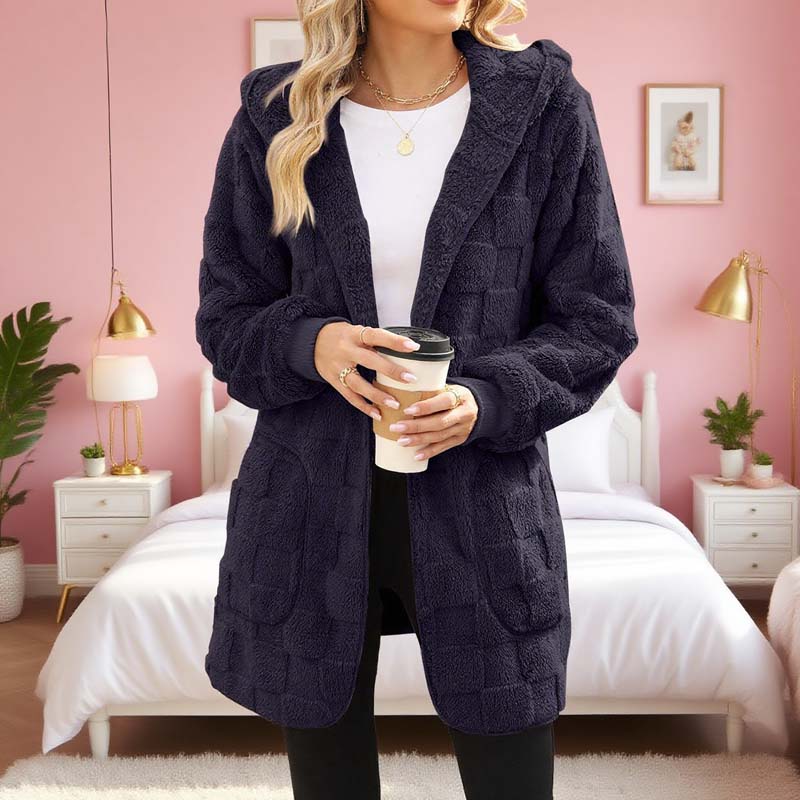 Hooded Fluffy Fleece Cardigan, Textured Check Pattern Open Front Coat with Pockets
