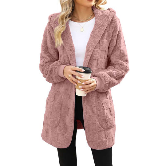 Hooded Fluffy Fleece Cardigan, Textured Check Pattern Open Front Coat with Pockets