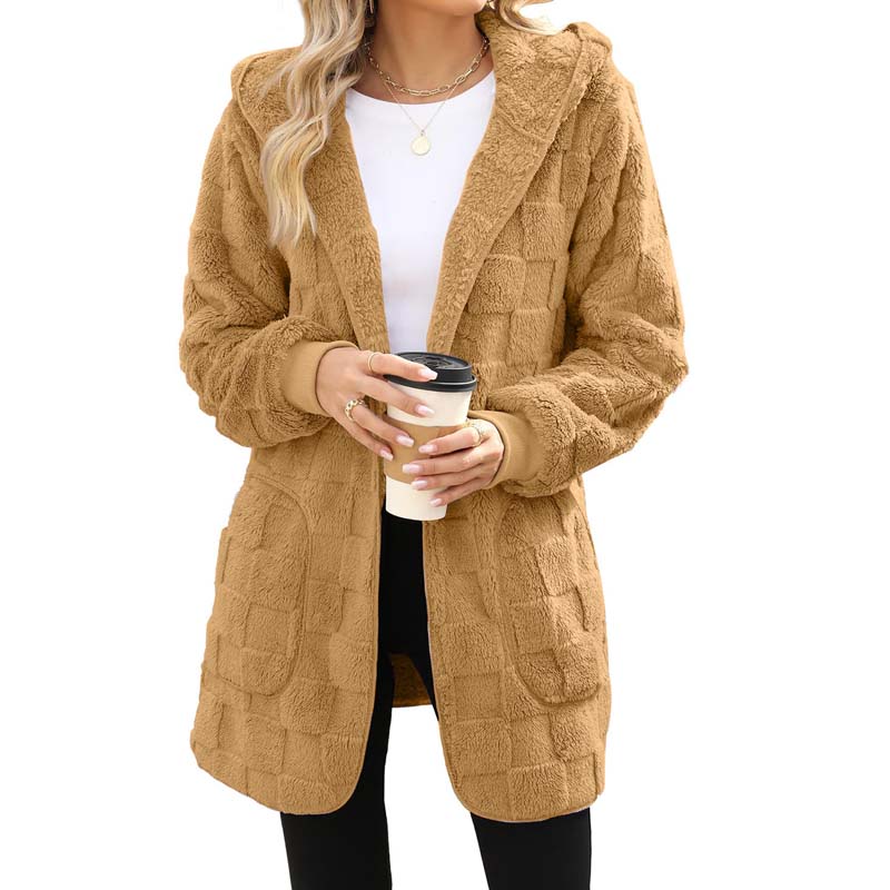 Hooded Fluffy Fleece Cardigan, Textured Check Pattern Open Front Coat with Pockets