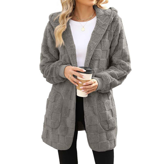 Hooded Fluffy Fleece Cardigan, Textured Check Pattern Open Front Coat with Pockets