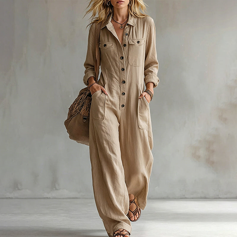 🍂 Women’s Wide-Leg Cargo Jumpsuit – Effortless Utility Style &amp; Autumn Comfort