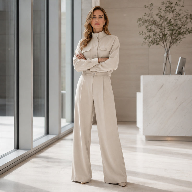 ✨ Effortless Everyday Style | Women's Stand-Collar Jacket & Wide-Leg Pants 2-Piece Set
