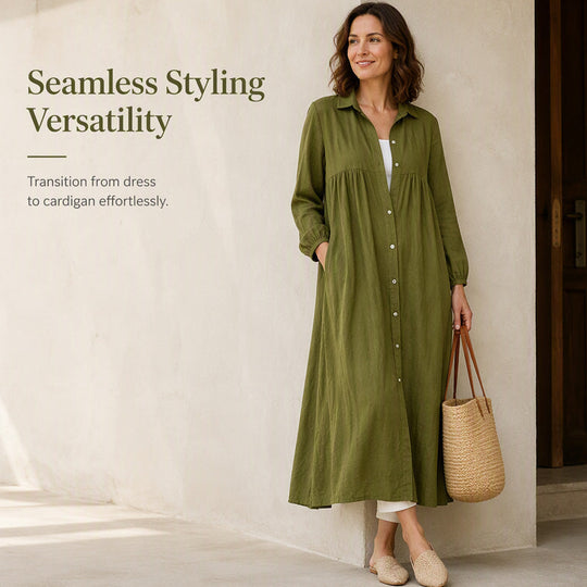 🌸👗New Arrivals - Long Sleeve Maxi Dress in Premium Linen Blend – Versatile 2-in-1 Styling as Dress or Lightweight Layering Piece
