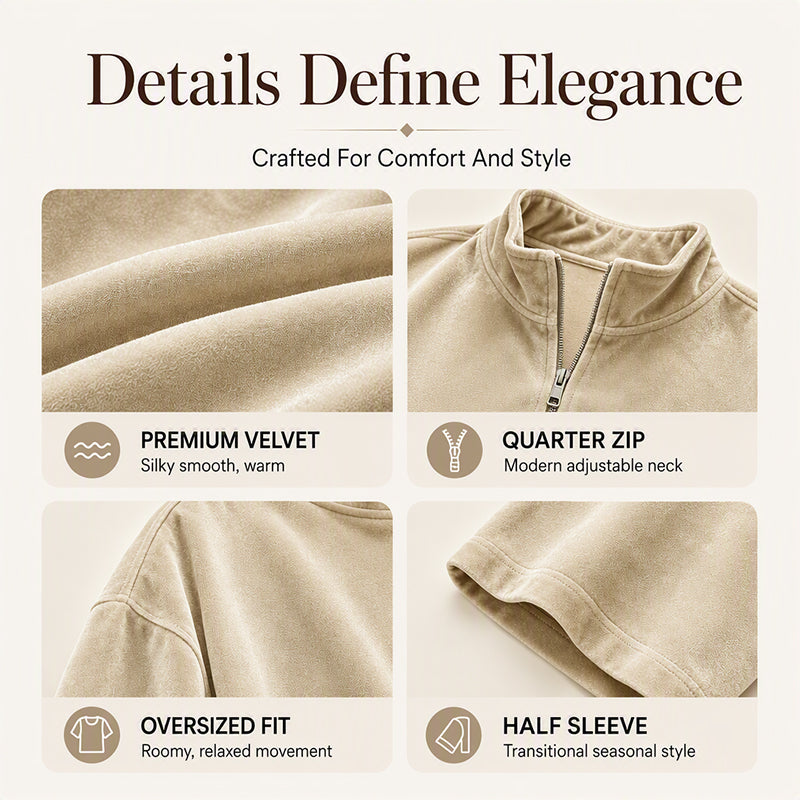 ✨ Velvet Texture, Easy Polish | Women's 3/4-Sleeve Half-Zip Top