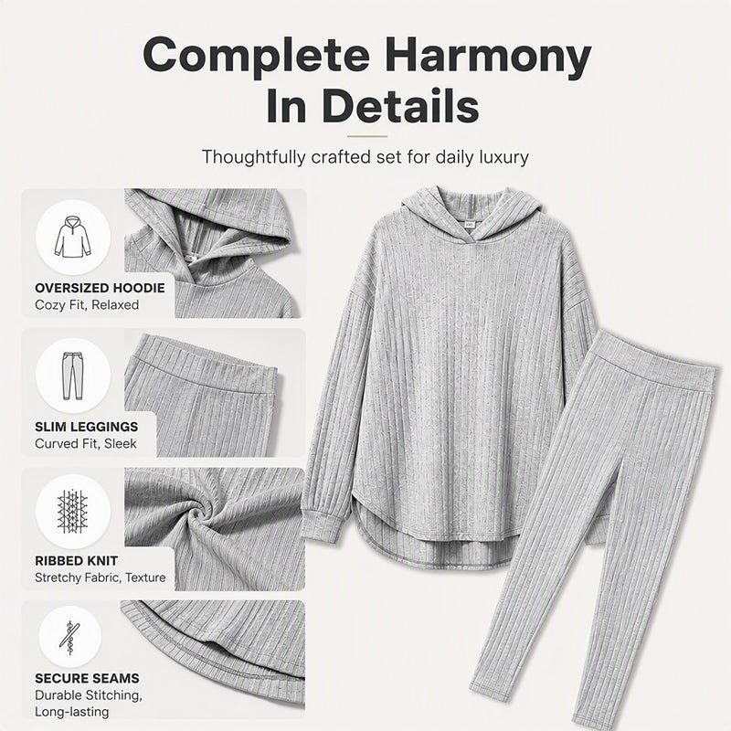 Women's Ribbed Knit Hooded Sweatshirt & Pants Set