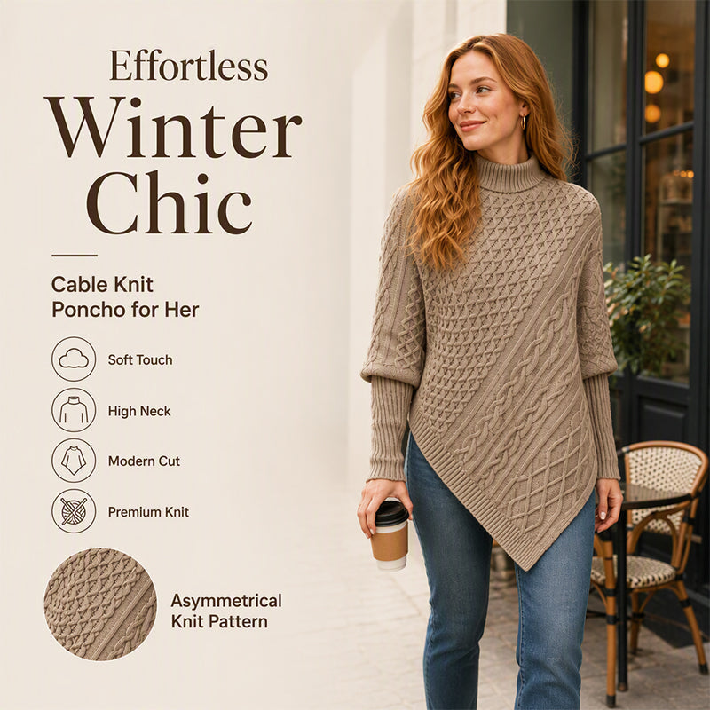 🧶 Rich Cable Texture, Relaxed Poncho Drape | Women&