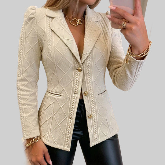 ✨ Polished Structure | Women’s Sculpted Blazer with Textured Detail &amp; Metallic Buttons