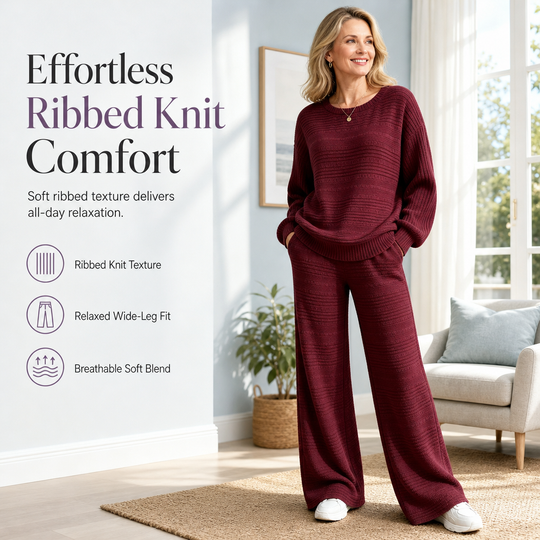 Buttery Soft Ribbed Knit Matching Outfit: Long Sleeve Top &amp; Pocketed Wide Leg Pants
