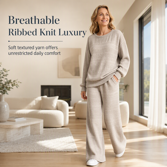 Buttery Soft Ribbed Knit Matching Outfit: Long Sleeve Top &amp; Pocketed Wide Leg Pants