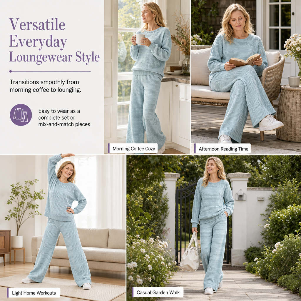 Buttery Soft Ribbed Knit Matching Outfit: Long Sleeve Top &amp; Pocketed Wide Leg Pants