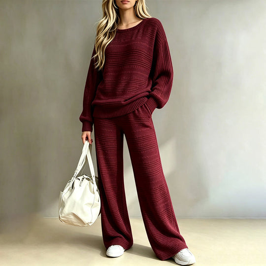 Buttery Soft Ribbed Knit Matching Outfit: Long Sleeve Top &amp; Pocketed Wide Leg Pants