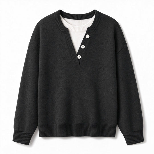 Casual Mock Two Piece V Neck Knit Sweater with Button Details