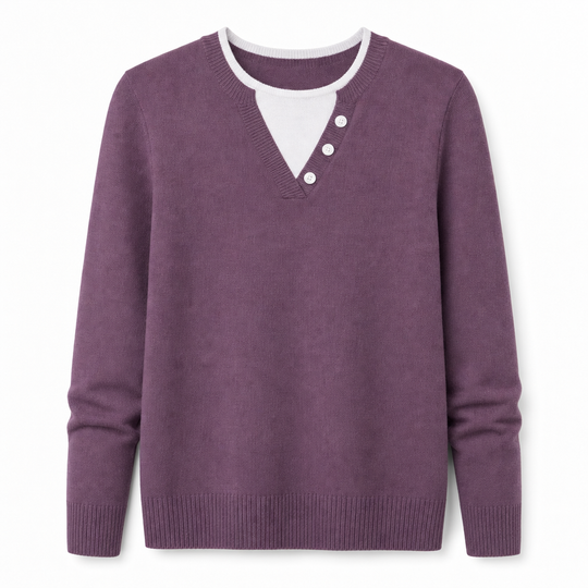 Casual Mock Two Piece V Neck Knit Sweater with Button Details