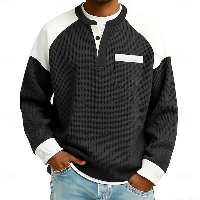 Men’s casual Henley top with a color-block design and waffle-knit texture