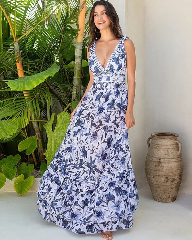 💥 Sonderangebot: 50 % Rabatt 💥 Einteiliger Badeanzug mit V-Ausschnitt, Schnürung und Aufdruck sowie Rock