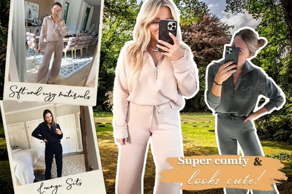 💝🔥Zeitlich begrenzter Sale – 50 % Rabatt🔥Damen-Loungeset aus 2 Teilen mit Oversize-Schnitt, halbem Reißverschluss und weitem Bein