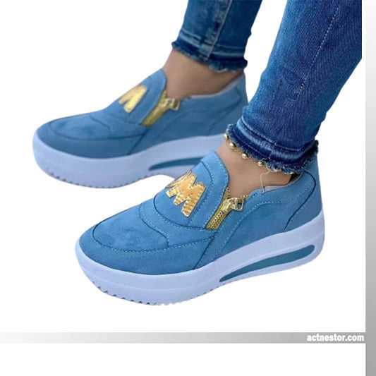 Schwarz-Goldene Reißverschluss-Dekoration Plateau-Slipper